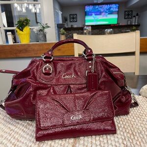Red shiny leather coach purse and wallet